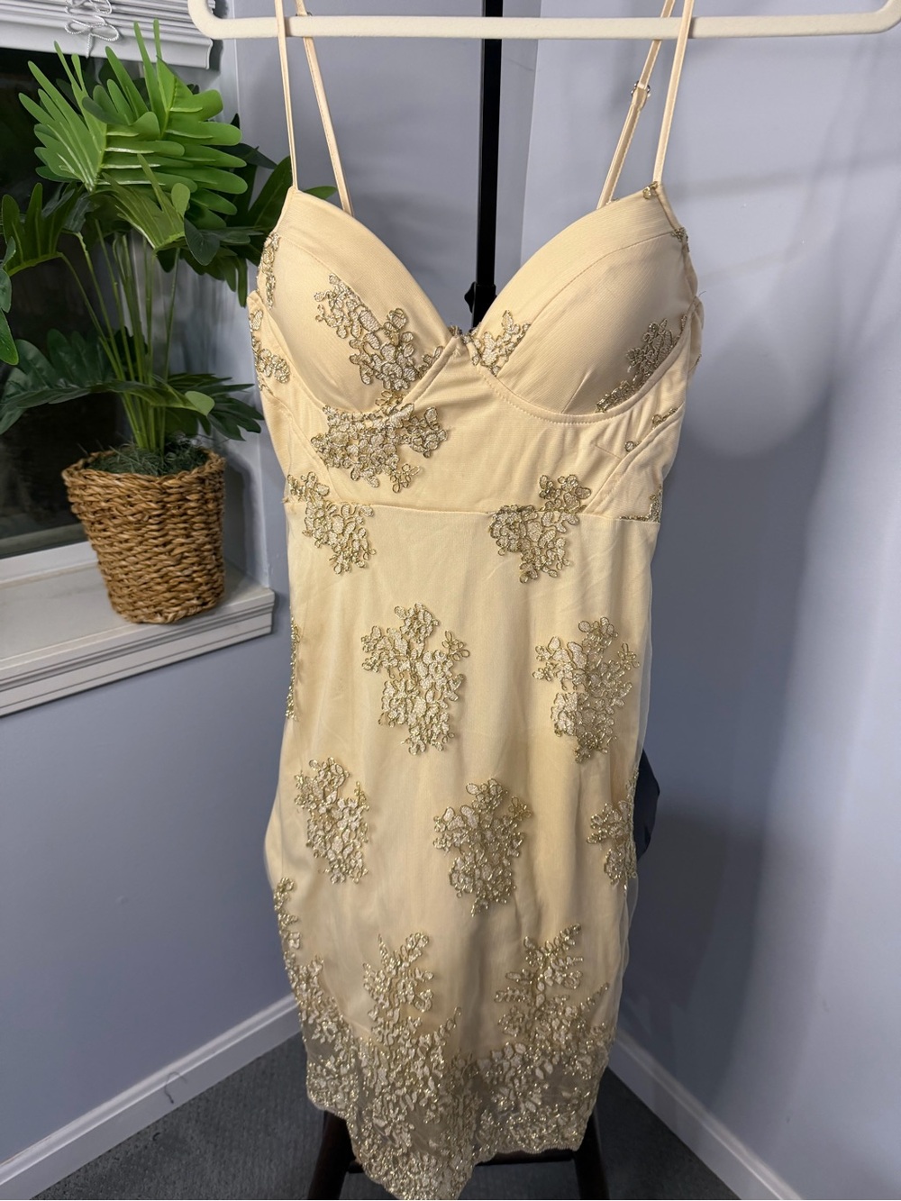 Fashion Nova Cream Embellished Midi Dress